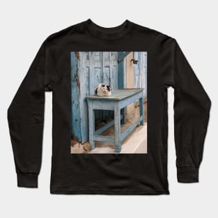 Cat on Blue Long Sleeve T-Shirt